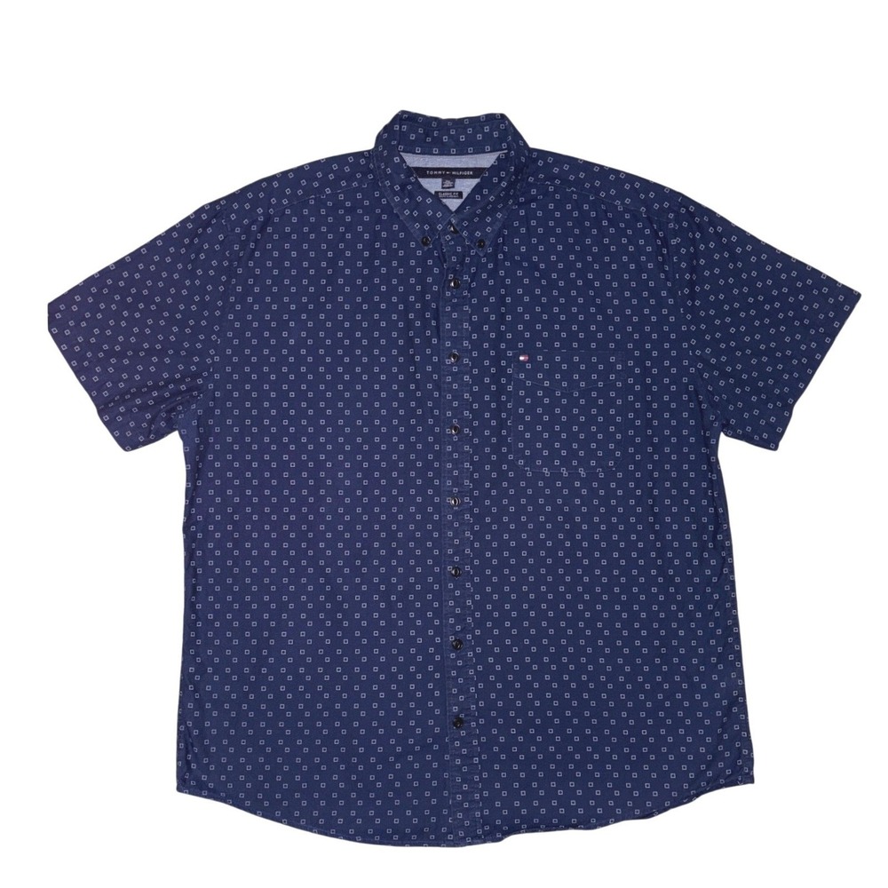 Tommy Hilfiger Button Down Blue Short Sleeve Geometric Print Mens XXL
